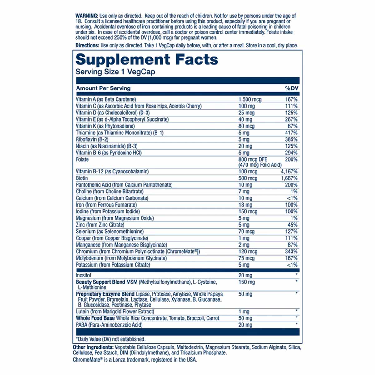 Solaray Once Daily Woman Multivitamin supplement facts label showing serving size, ingredients, and nutritional information o