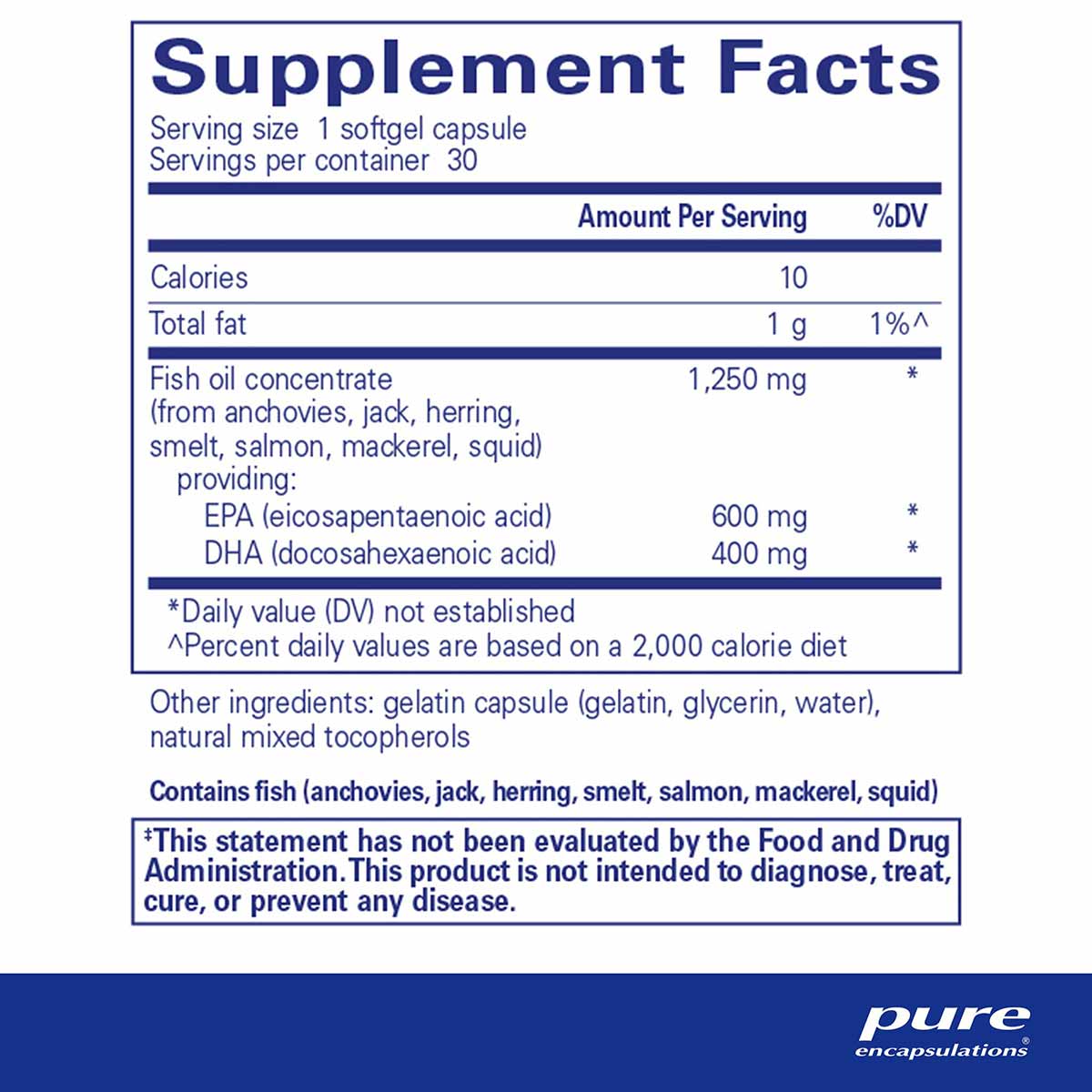 Supplement Facts label for O.N.E. Omega softgel capsules listing EPA, DHA, and fish oil concentrate ingredients.