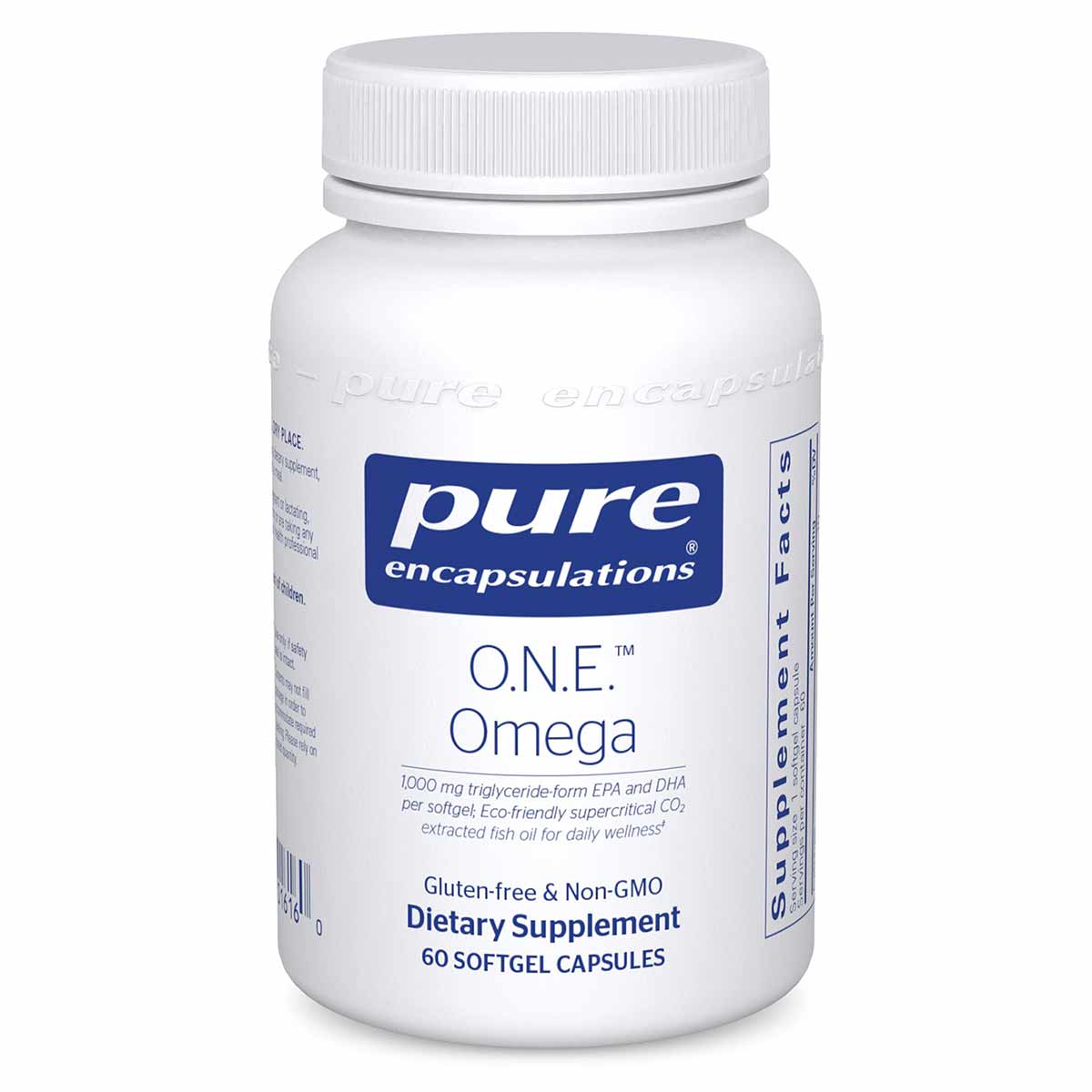 White plastic bottle of Pure Encapsulations O.N.E. Omega dietary supplement with blue label and white screw cap, containing 6