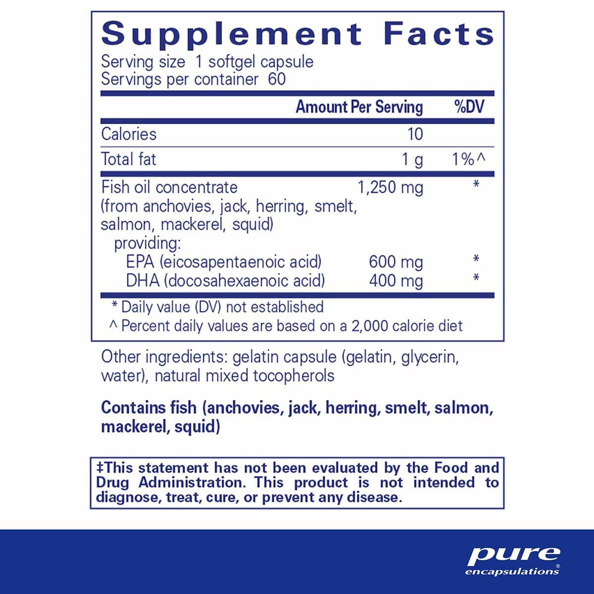 Supplement Facts label showing nutritional information for O.N.E. Omega fish oil softgel capsules by Pure Encapsulations.