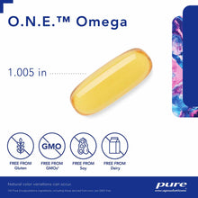 Yellow oval softgel capsule labeled O.N.E. Omega by Pure Encapsulations, 1.005 inches, free from gluten, GMOs, soy, and dairy