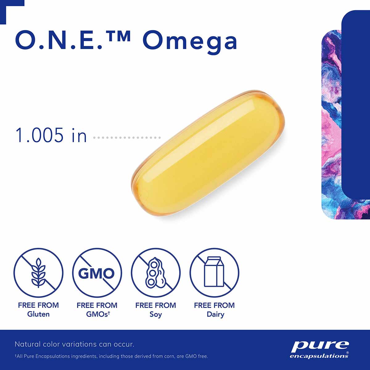 Yellow oval softgel capsule labeled O.N.E. Omega by Pure Encapsulations, 1.005 inches, free from gluten, GMOs, soy, and dairy