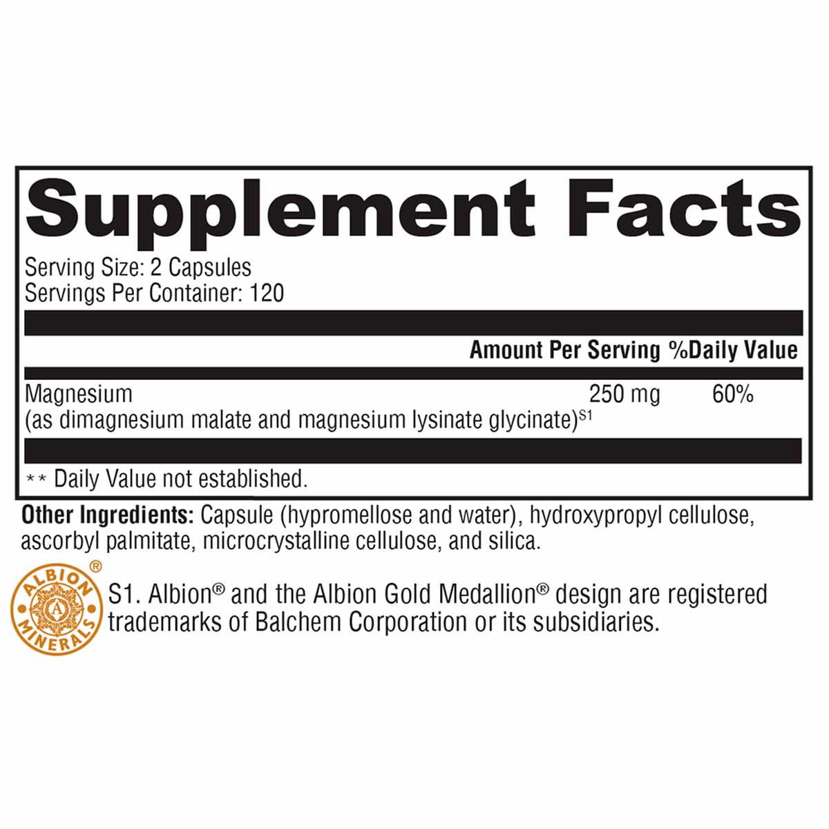Supplement Facts label for OptiMag 125 magnesium capsules by Xymogen, showing 250 mg per serving.