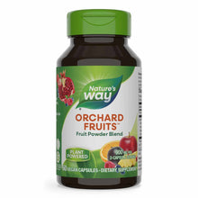 Bottle of Nature's Way Orchard Fruits fruit powder blend dietary supplement with green cap and label showing raspberries and 
