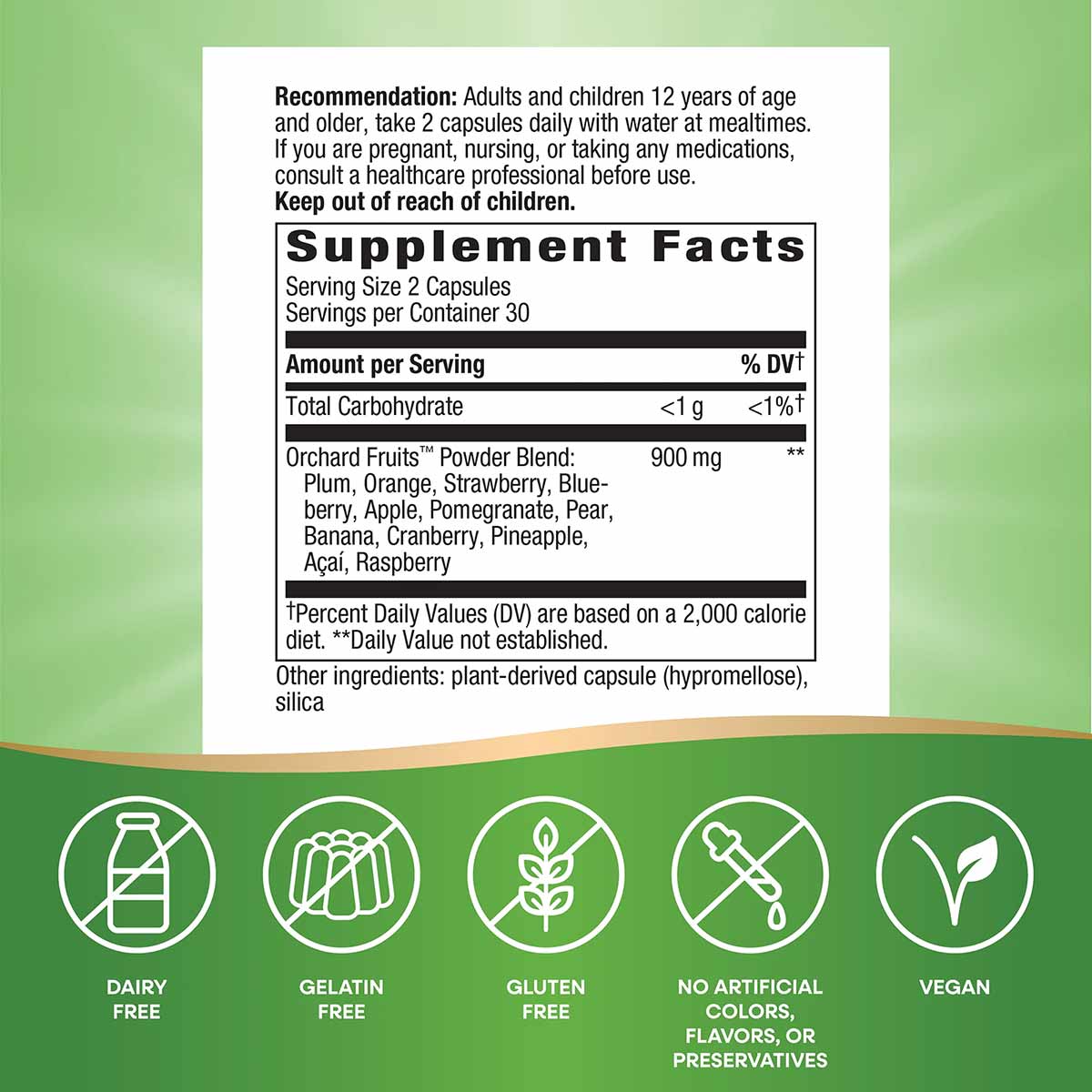 Supplement Facts label for Orchard Fruits capsules showing 900mg powder blend of 12 fruits, with dietary certifications below