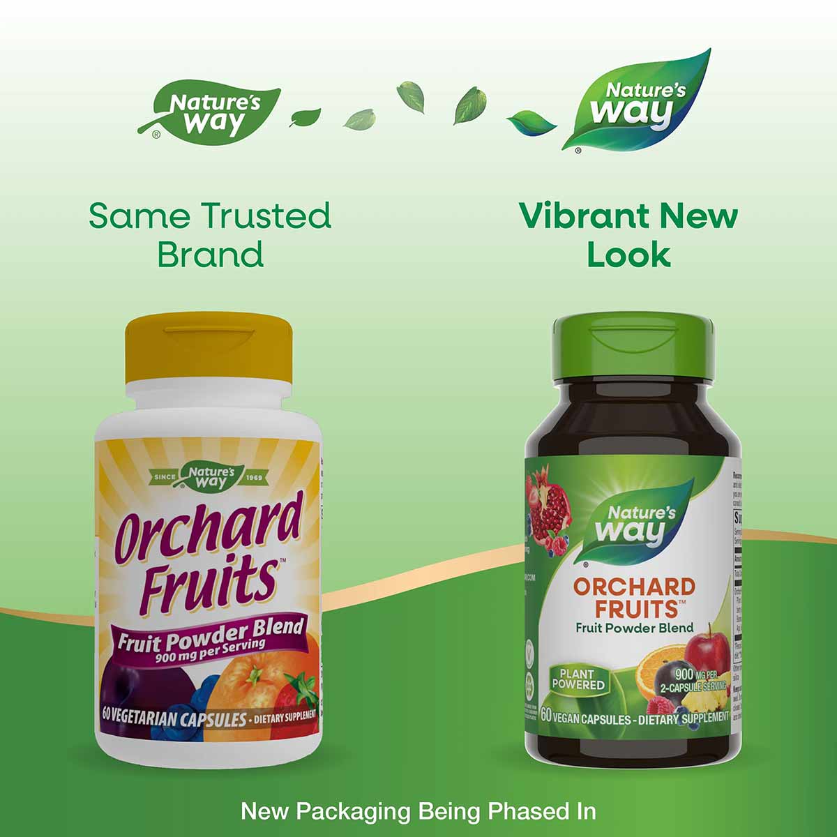 Nature's Way Orchard Fruits supplement bottles showing old packaging with gold cap and new packaging with green cap side by s
