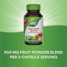 Dark glass bottle with green cap containing 60 vegan capsules of Nature's Way Orchard Fruits fruit powder blend dietary suppl