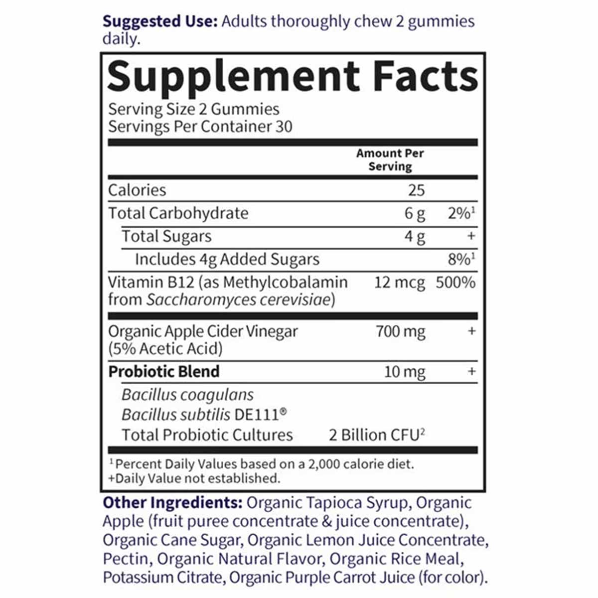 Supplement Facts label showing serving size of 2 gummies daily, containing apple cider vinegar, probiotics, and vitamin B12.