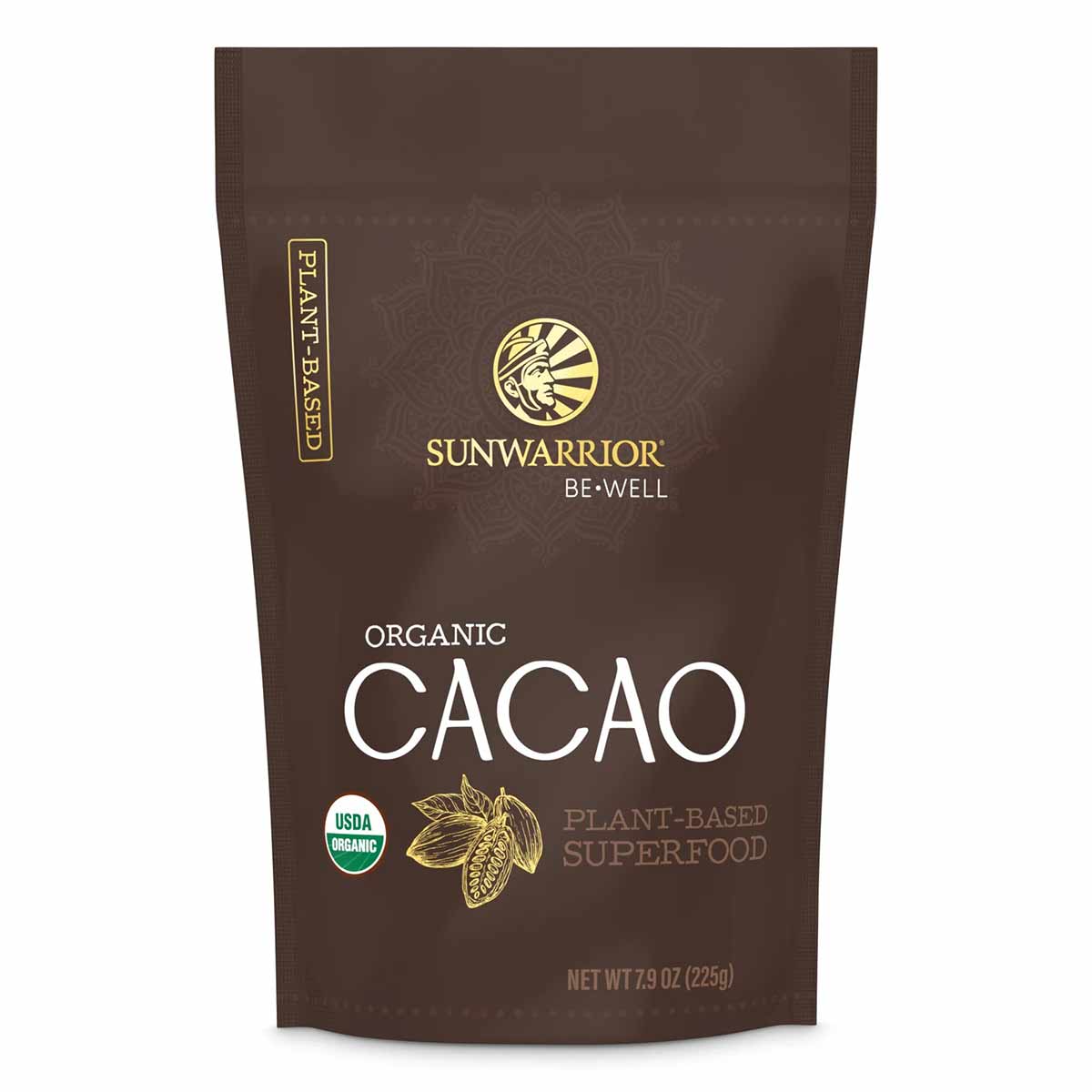 Brown Sunwarrior Organic Cacao pouch with gold logo and USDA organic seal, 7.9 oz.