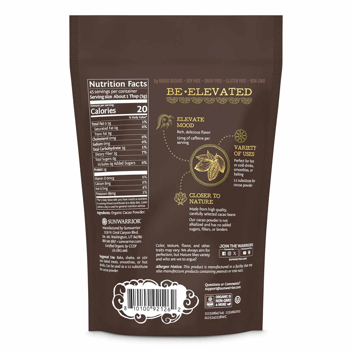 Brown resealable pouch of Sunwarrior Organic Cacao powder with nutrition facts, product claims, and barcode displayed.