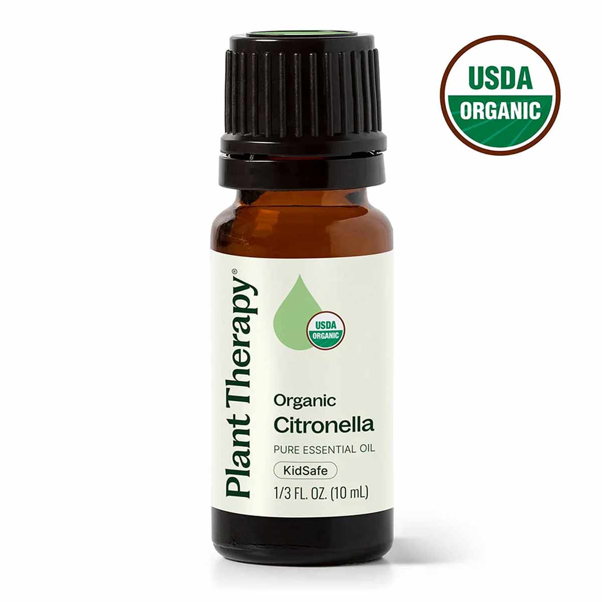 Amber glass bottle with black cap containing Plant Therapy Organic Citronella Essential Oil, 10 mL, labeled with USDA Organic