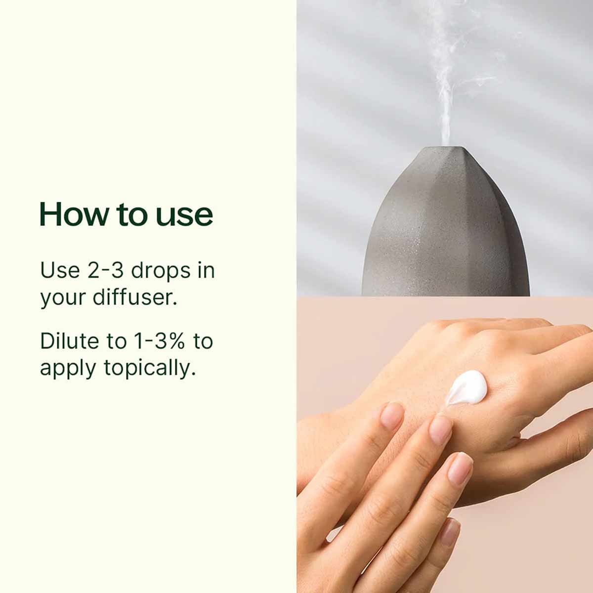 Gray diffuser with steam rising and hands demonstrating product application with white cream.