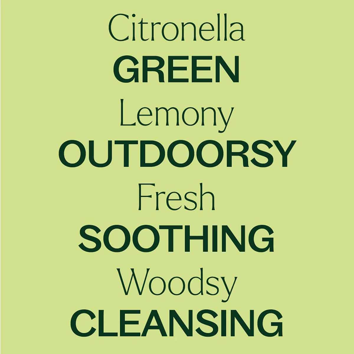 Light yellow-green background with dark teal text listing citronella oil descriptors: green, lemony, outdoorsy, fresh, soothi