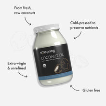 Glass jar of Solspring coconut oil with black label, white cream-colored oil inside, and metal screw-top lid.