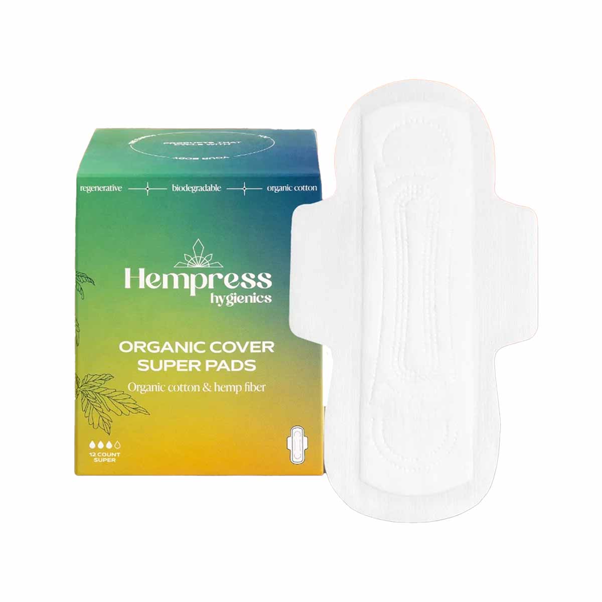 A green and yellow gradient box of Hempress organic cover super pads stands beside a single white winged pad.