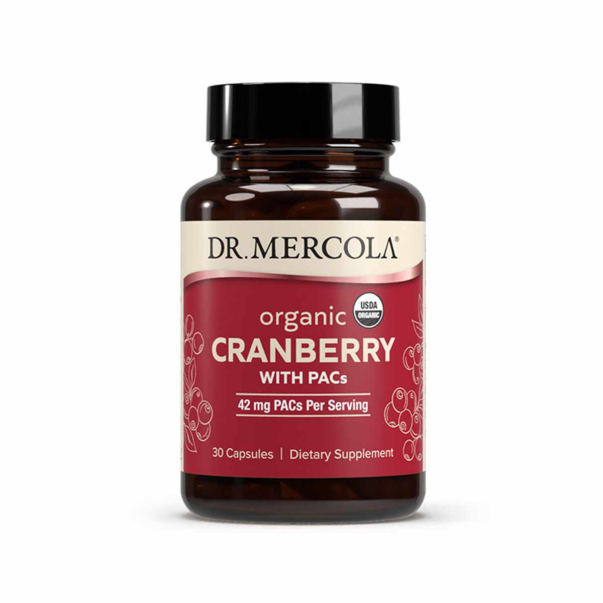 Brown glass bottle with black cap labeled "Dr. Mercola Organic Cranberry with PACs," 30 capsules, dietary supplement.