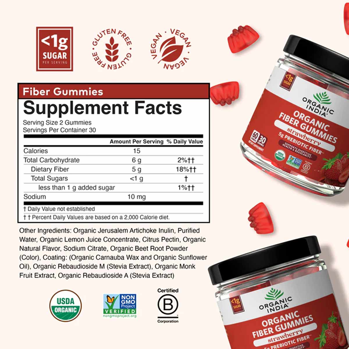 Organic India Fiber Gummies bottles with red gummies, supplement facts label, and certification badges including USDA Organic