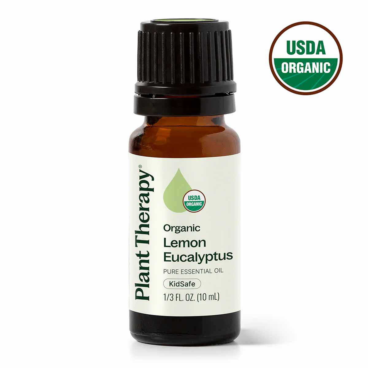 Small amber glass bottle with black cap containing lemon eucalyptus essential oil, labeled Plant Therapy with USDA Organic ce