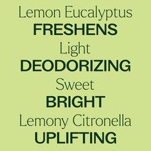 Light green square with text describing lemon eucalyptus essential oil benefits in varying font sizes.