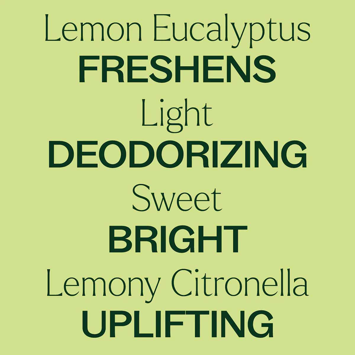 Light green square with text describing lemon eucalyptus essential oil benefits in varying font sizes.