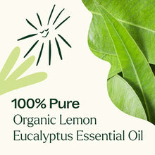 Green eucalyptus leaves with a smiling sun icon and text stating "100% Pure Organic Lemon Eucalyptus Essential Oil."