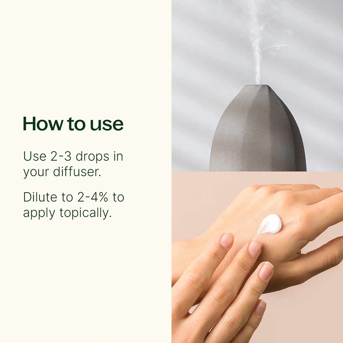 Gray stone diffuser with vapor mist and diluted essential oil applied to hands.
