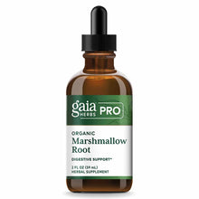 Amber glass bottle with black dropper cap containing Gaia Herbs Pro organic marshmallow root herbal supplement.