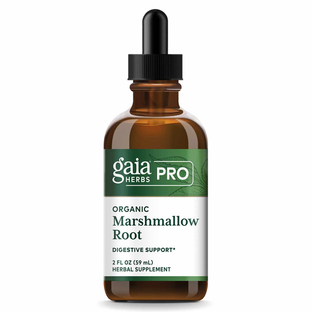Amber glass bottle with black dropper cap containing Gaia Herbs Pro organic marshmallow root herbal supplement.