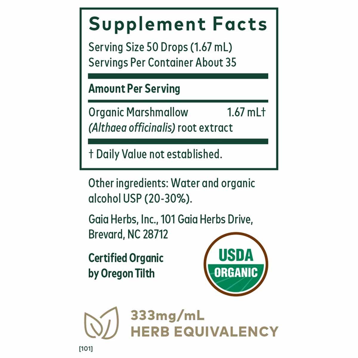 Supplement Facts label for Organic Marshmallow Root extract liquid by Gaia Herbs with USDA Organic certification.
