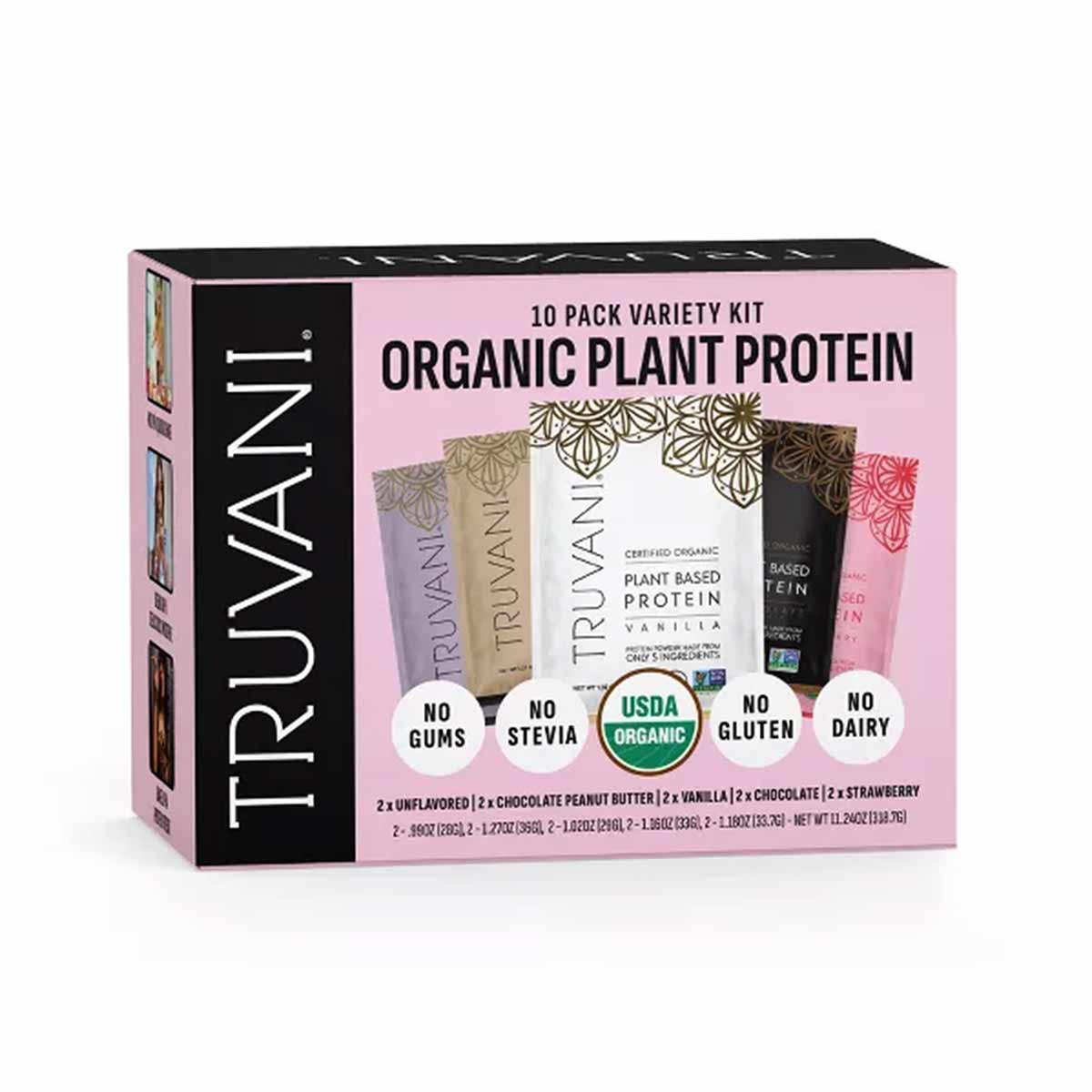 Truvani 10-pack variety kit box containing organic plant protein packets in unflavored, chocolate peanut butter, vanilla, cho