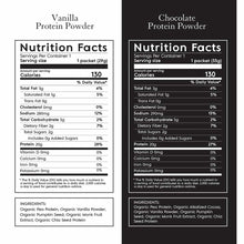 Two packets of plant protein powder: vanilla flavor (29g) and chocolate flavor (33g) with nutrition facts and organic ingredi