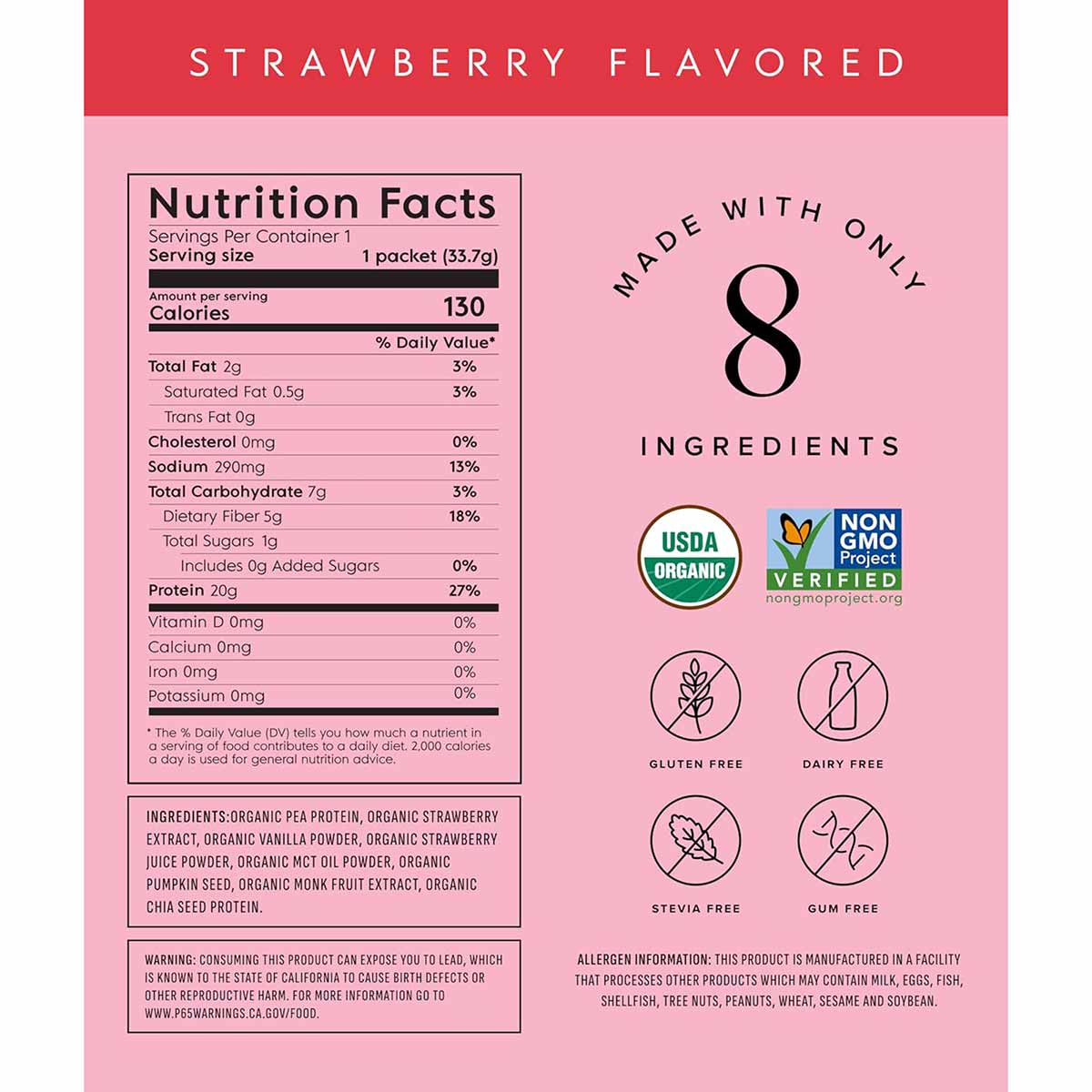 Strawberry flavored protein powder nutrition facts label showing 20g protein per 33.7g serving with USDA organic and Non-GMO 