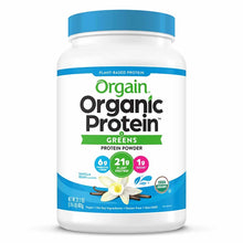 Orgain Organic Protein + Greens powder in white container with blue lid, vanilla bean flavor.