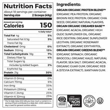 Nutrition Facts and ingredients label for Orgain Organic Protein + Greens Powder showing 21g protein, 150 calories per servin