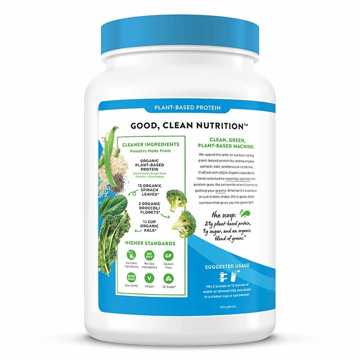 White cylindrical container with blue lid and label featuring spinach, broccoli, and kale imagery for Orgain protein powder.
