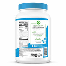 White plastic container with blue cap and label showing nutrition facts, ingredients, and organic certification badges.