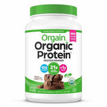 Orgain Organic Protein powder container with green lid, creamy chocolate fudge flavor, showing 21g plant protein and USDA org