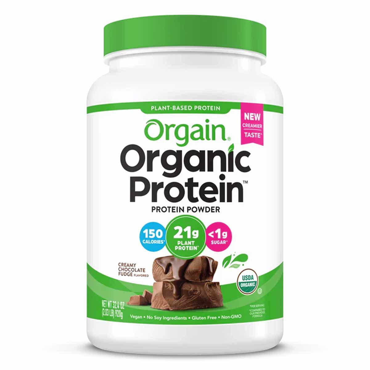 Orgain Organic Protein powder container with green lid, creamy chocolate fudge flavor, showing 21g plant protein and USDA org