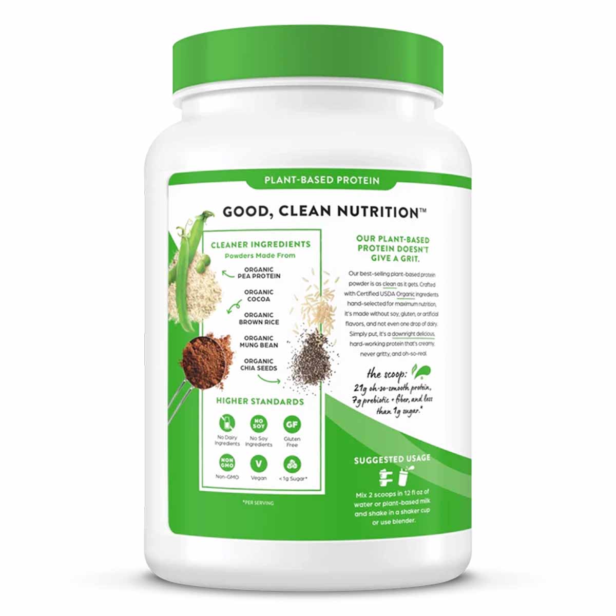 White plastic container with green lid and label listing organic plant-based protein ingredients including pea protein, cocoa