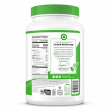 White plastic container with green lid and band displaying Orgain brand nutrition facts, ingredient list, and certification l