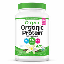 Orgain Organic Protein powder container with green lid, vanilla bean flavor label, and nutritional information badges.