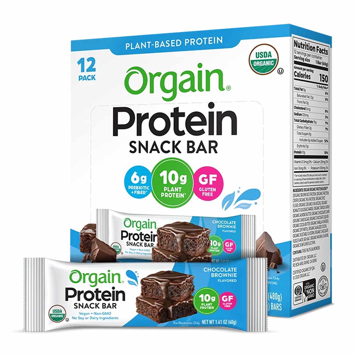 Orgain Protein Snack Bar 12-pack box with chocolate brownie flavored individual bars displayed in front, showing USDA Organic
