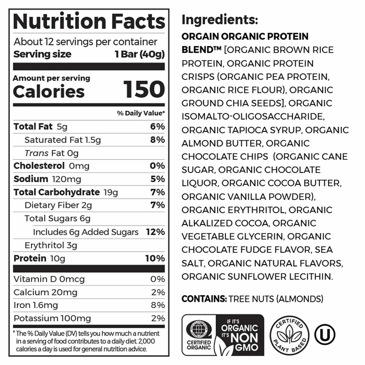 Orgain organic protein snack bar nutrition facts and ingredients label with 10g protein per 40g bar.