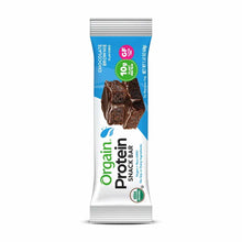Orgain Protein Snack Bar in Chocolate Brownie flavor with 10g protein, wrapped in blue and white packaging.