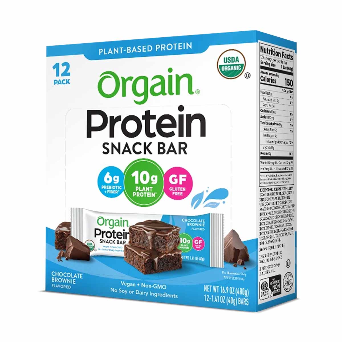 Orgain 12-pack chocolate brownie protein snack bars with nutrition facts label and individual wrapped bar displayed.