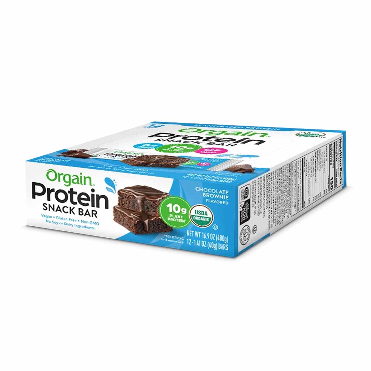 Orgain Protein Snack Bar box in chocolate brownie flavor with 12 individual bars visible inside the packaging.