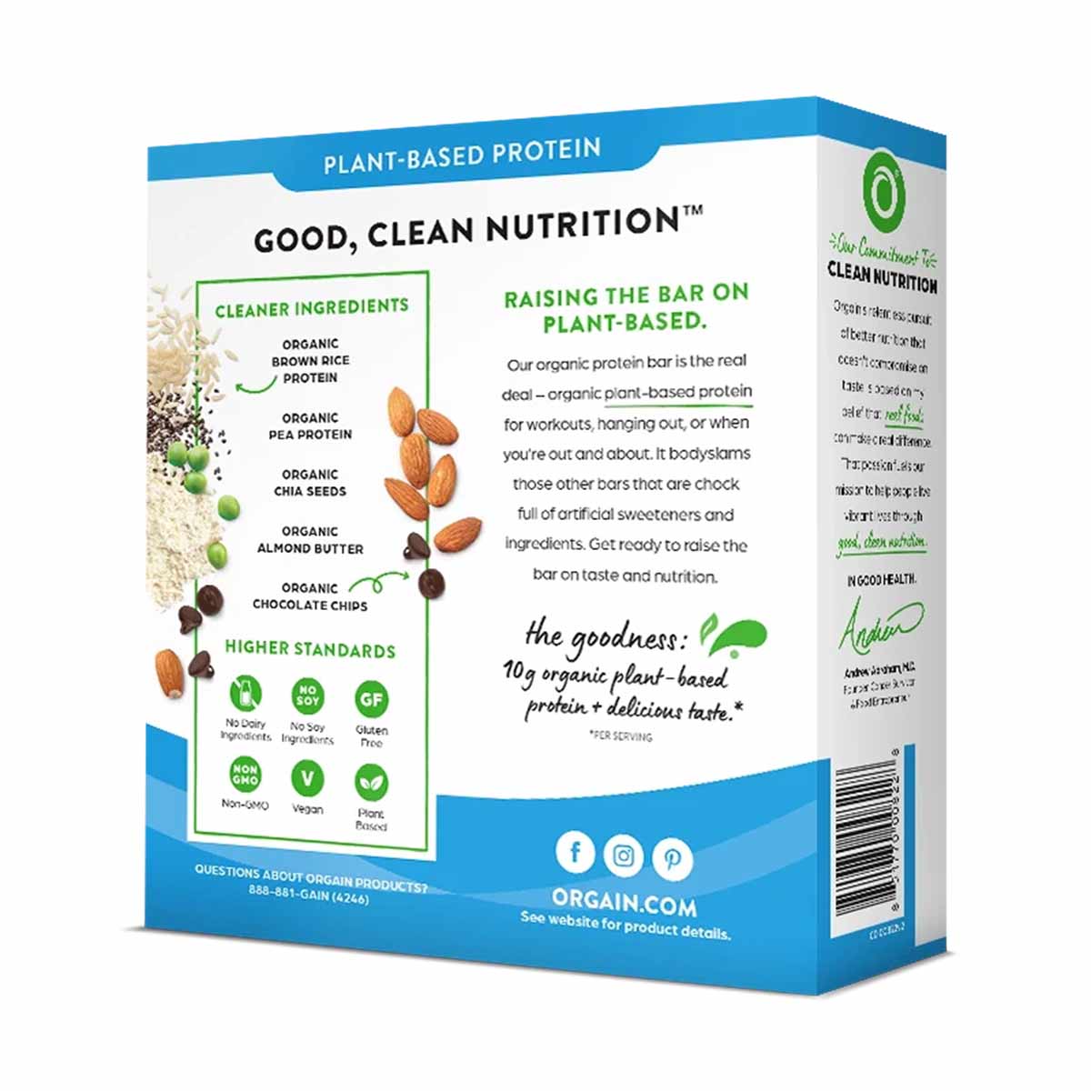 Orgain plant-based protein bar box with blue and white packaging, showing ingredients and nutritional information.