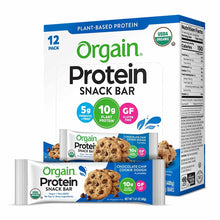 Orgain 12-pack protein snack bars with chocolate chip cookie dough flavor, USDA organic certified, plant-based.