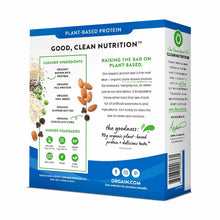 Orgain organic protein snack bar box with blue and white packaging displaying plant-based ingredients and nutrition informati