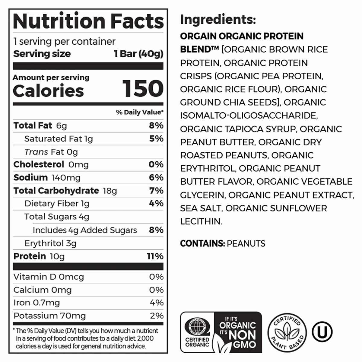 Orgain organic protein bar with nutrition facts and ingredients list showing 150 calories and 10g protein per 40g bar.
